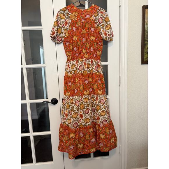 dRA Los Angeles Floral Tiered Midi Dress Smocked Waist Puff-Sleeve Orange Large - Picture 6 of 11